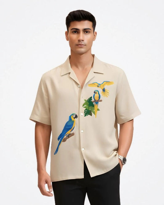 Tropical Parrot Embroidered Cuban Collar Shirt