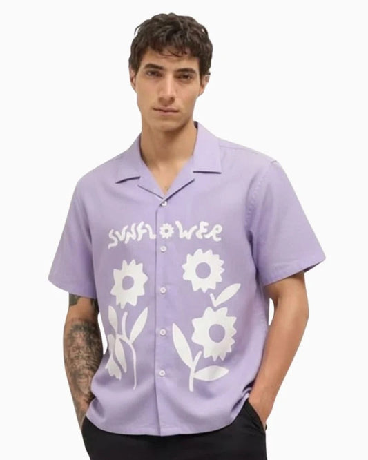 Lavender Sunflower Printed Cuban Collar Shirt for Men