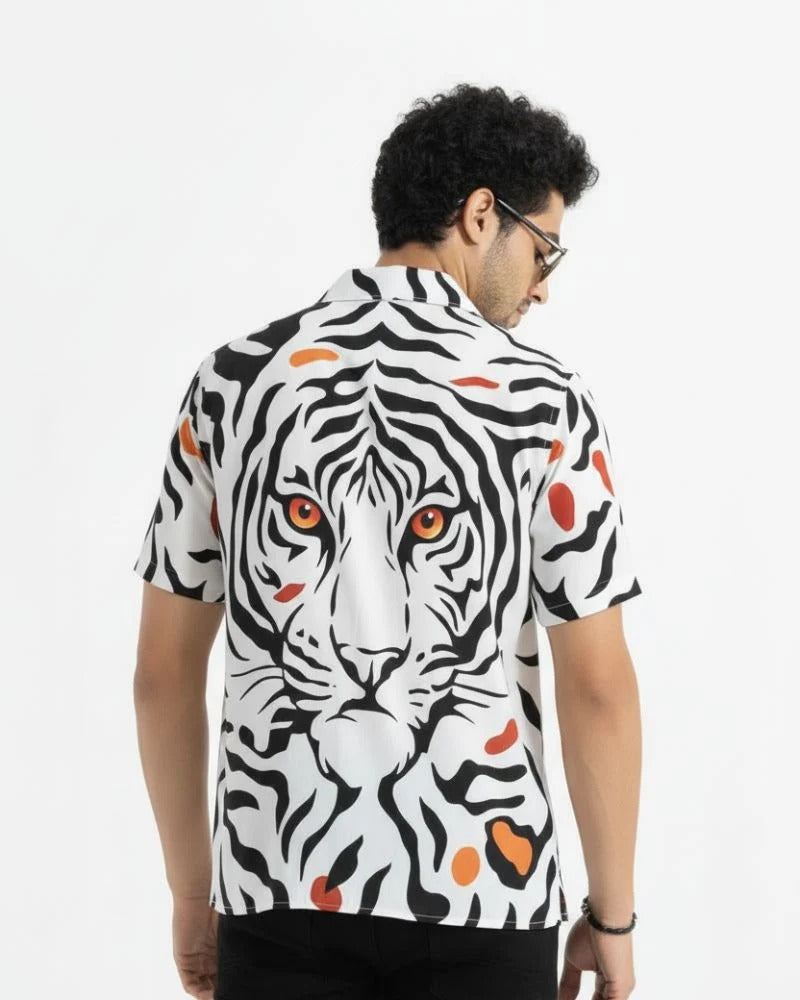 Tiger Print Cuban Collar Shirt for Men