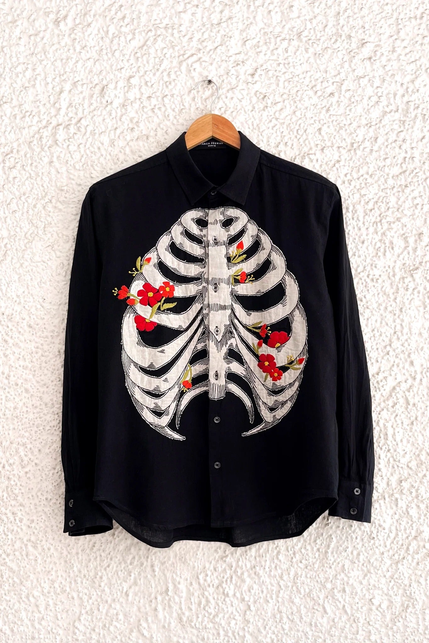 Shirtek Premium Black Skeleton Floral Embroidered Full Sleeve Casual Shirt for Men