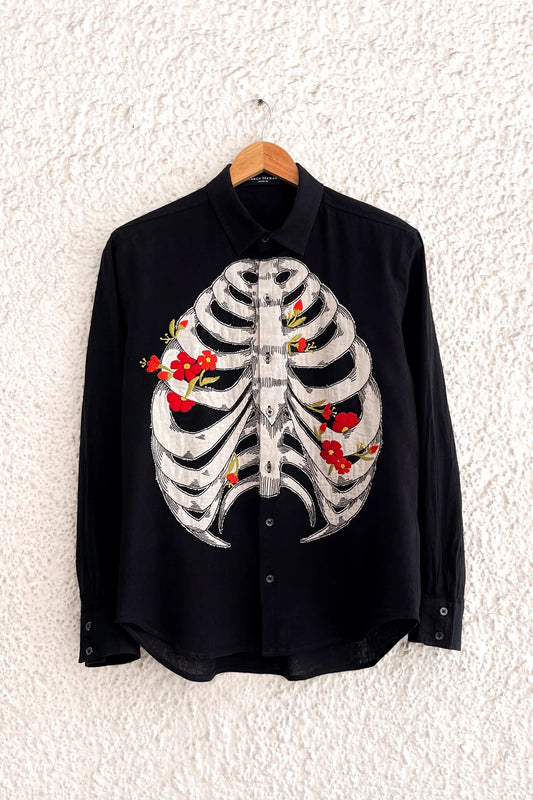 Shirtek Premium Black Skeleton Floral Embroidered Full Sleeve Casual Shirt for Men