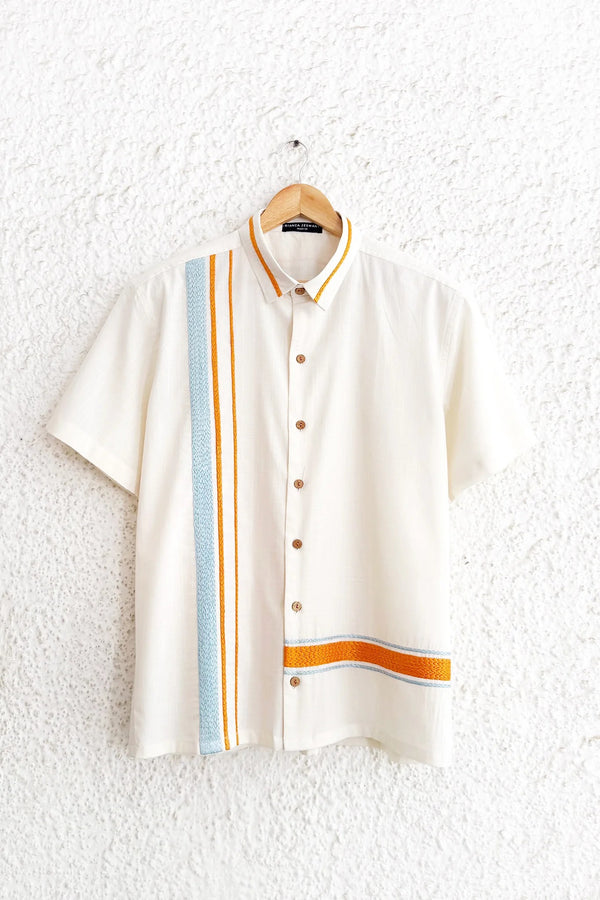 Shirtek Premium Off-White Striped Embroidered Casual Half Sleeve Shirt for Men