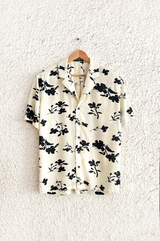 Shirtek Premium Cream Floral Print Cuban Collar Casual Half Sleeve Shirt for Men