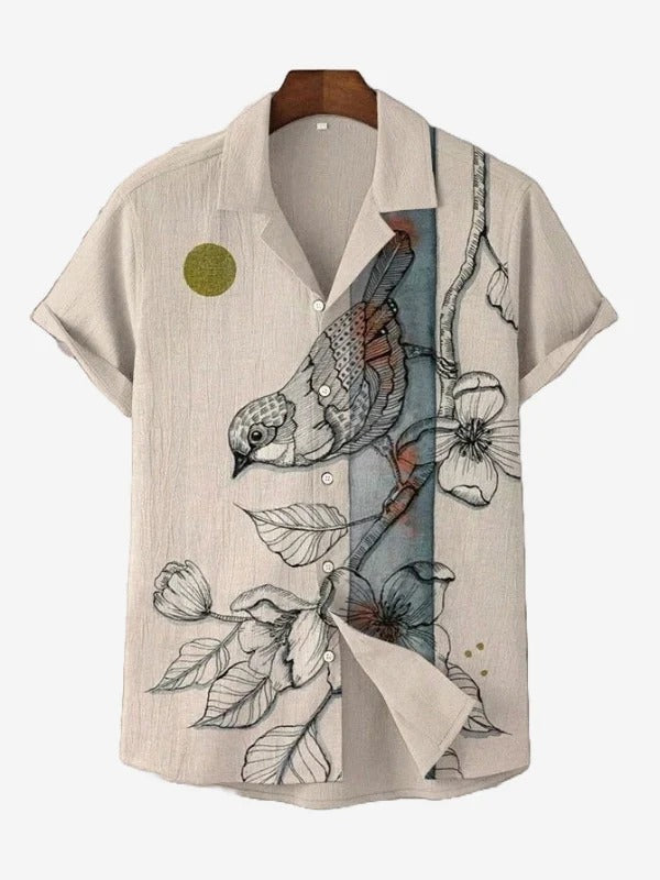 Vintage Bird & Floral Printed Cuban Collar Shirt for Men
