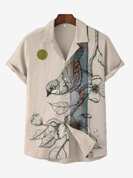 Vintage Bird & Floral Printed Cuban Collar Shirt for Men