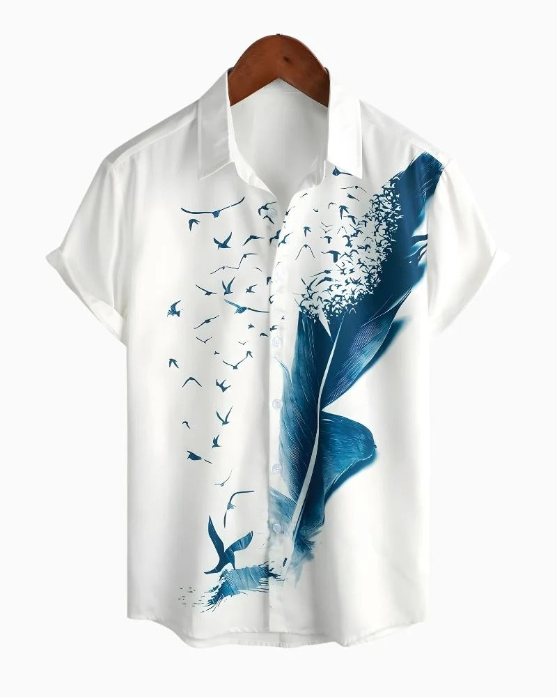 Blue Feather & Flying Birds Printed Shirt for Men