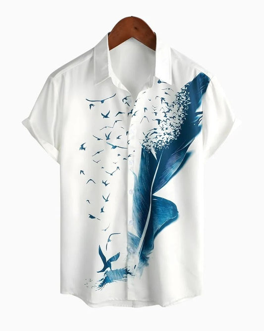 Blue Feather & Flying Birds Printed Shirt for Men