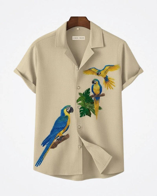 Tropical Parrot Embroidered Cuban Collar Shirt