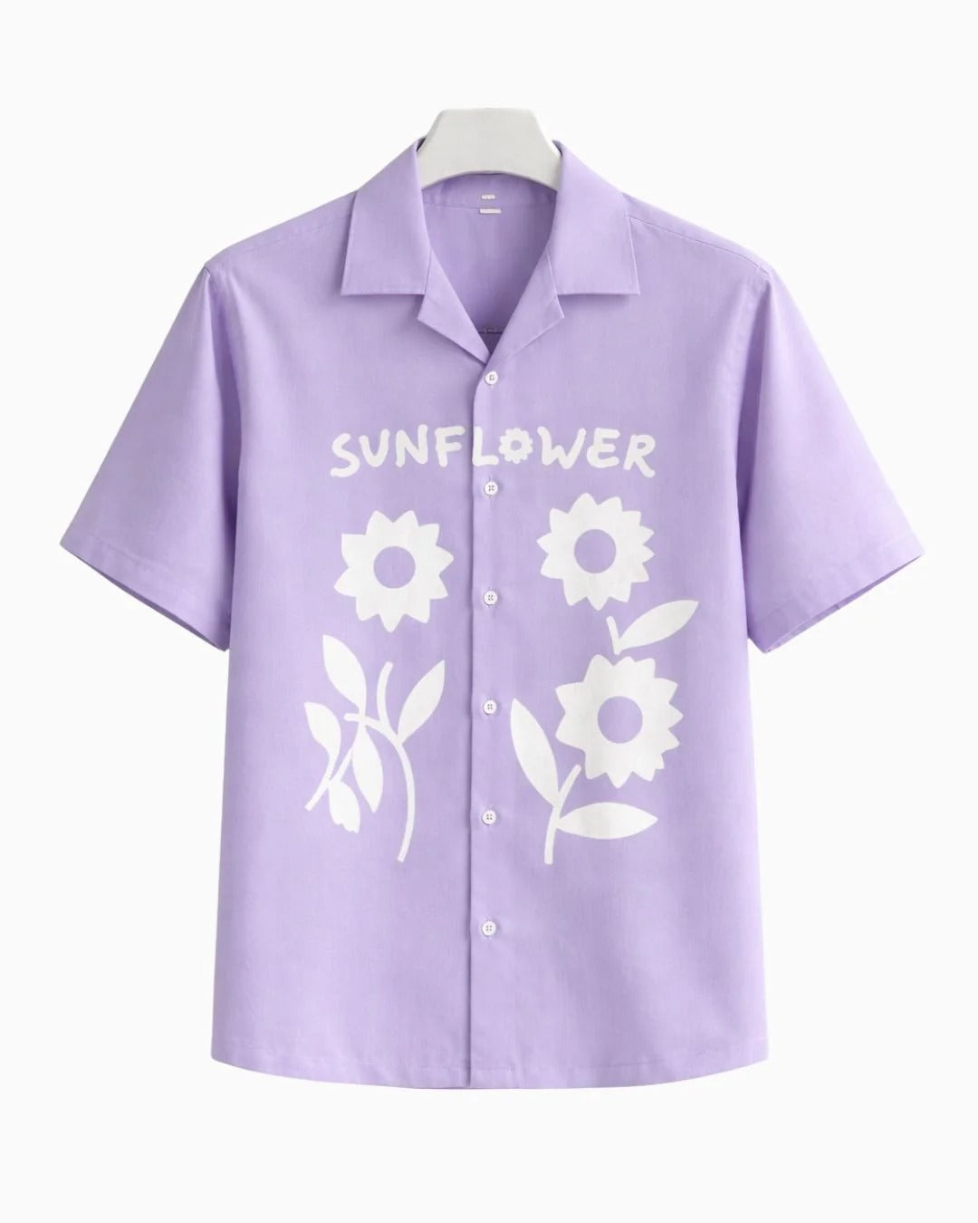 Lavender Sunflower Printed Cuban Collar Shirt for Men