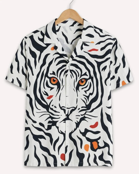 Tiger Print Cuban Collar Shirt for Men