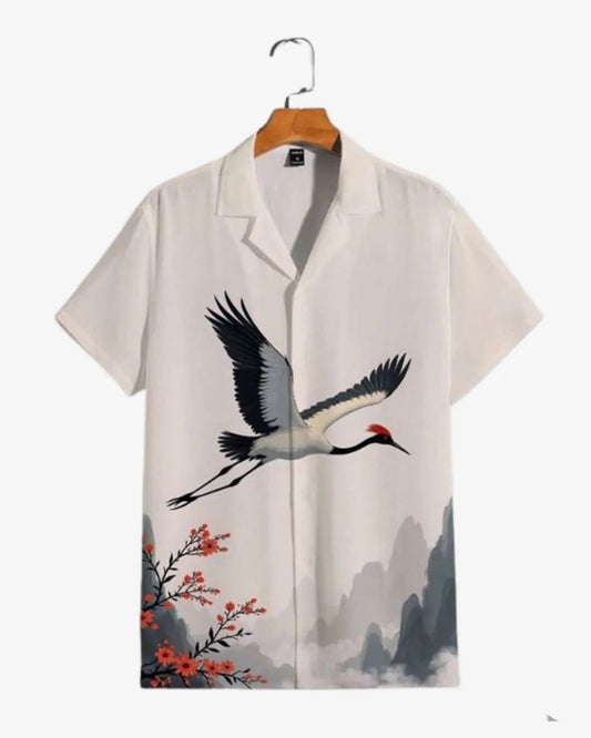 Crane & Mountain Landscape Printed Cuban Collar Shirt for Men