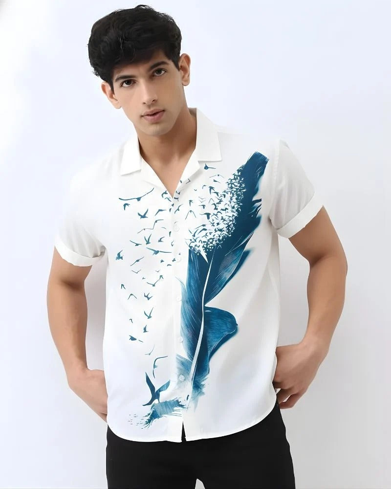 Blue Feather & Flying Birds Printed Shirt for Men
