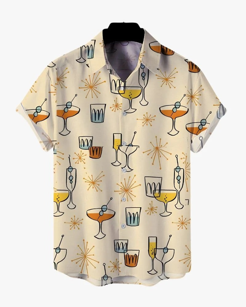 Retro Cocktail Print Cuban Collar Shirt for Men