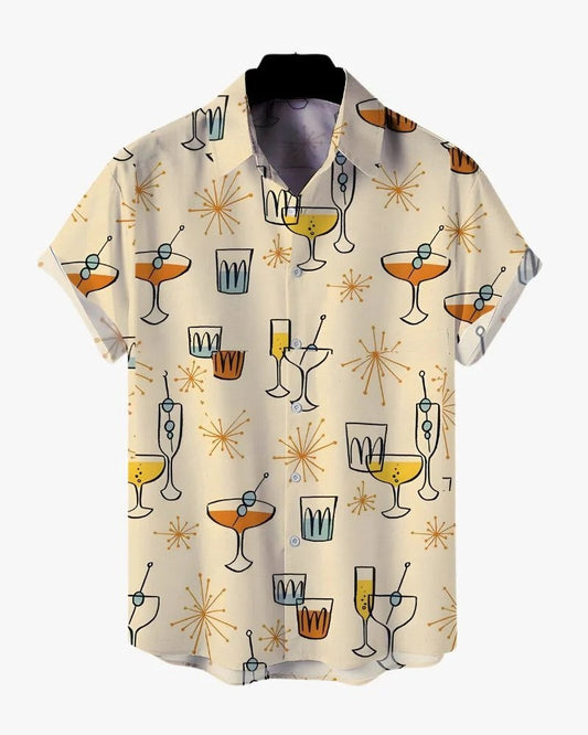 Retro Cocktail Print Cuban Collar Shirt for Men