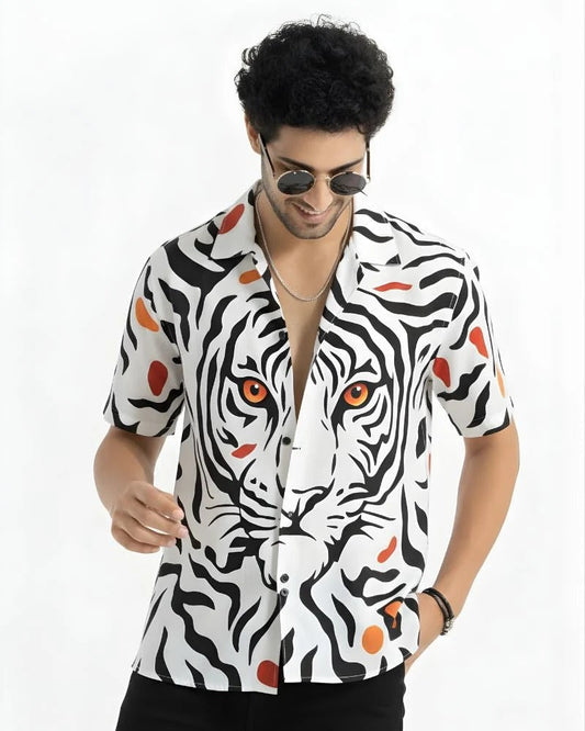 Tiger Print Cuban Collar Shirt for Men