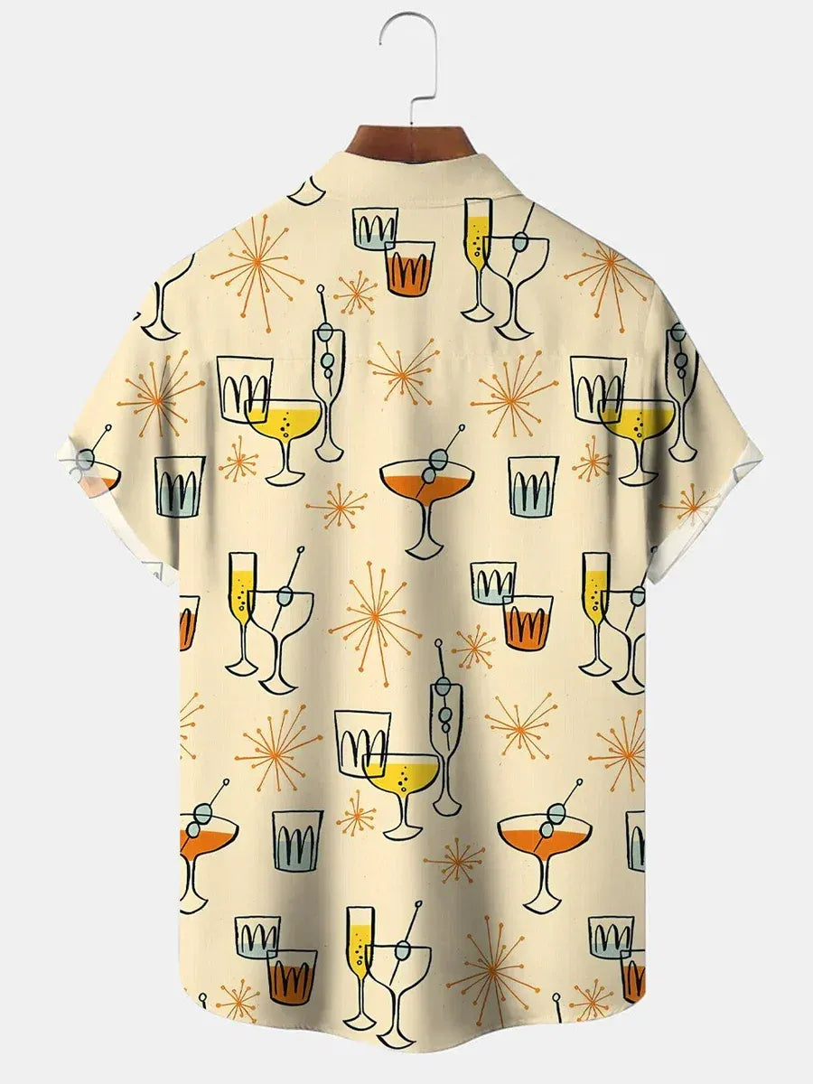 Retro Cocktail Print Cuban Collar Shirt for Men