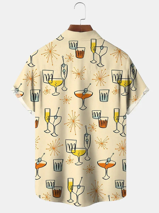 Retro Cocktail Print Cuban Collar Shirt for Men