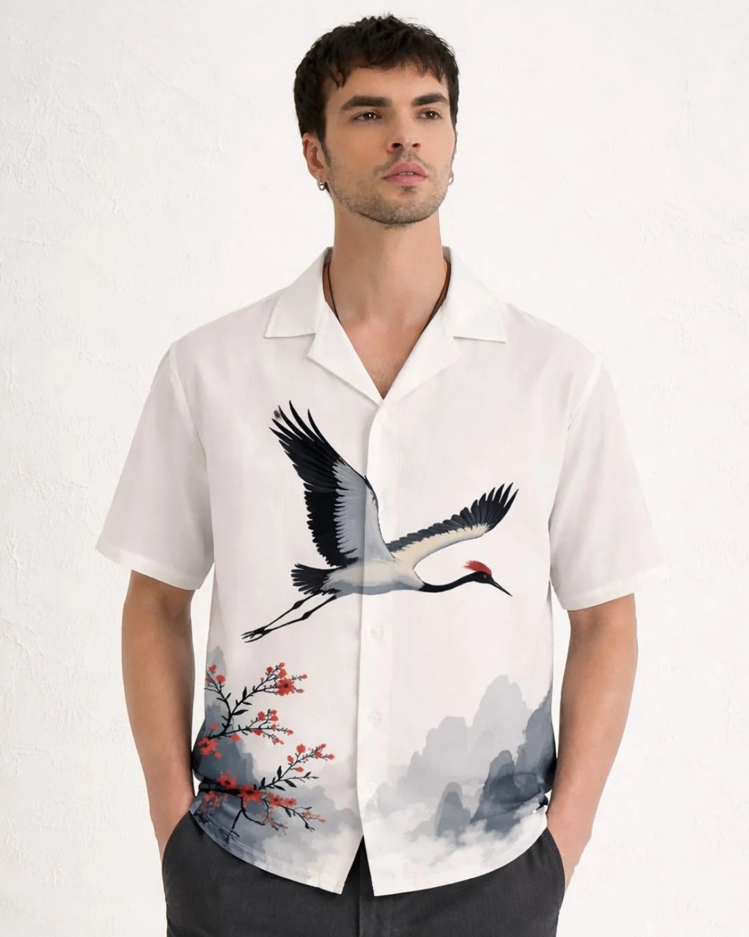 Crane & Mountain Landscape Printed Cuban Collar Shirt for Men