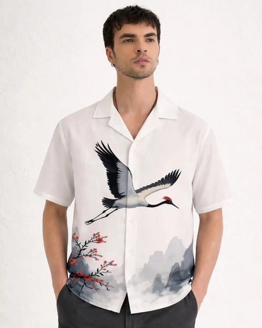 Crane & Mountain Landscape Printed Cuban Collar Shirt for Men