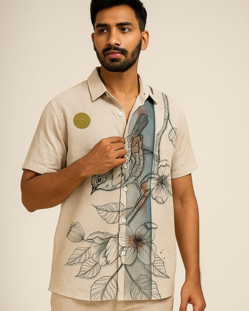 Vintage Bird & Floral Printed Cuban Collar Shirt for Men