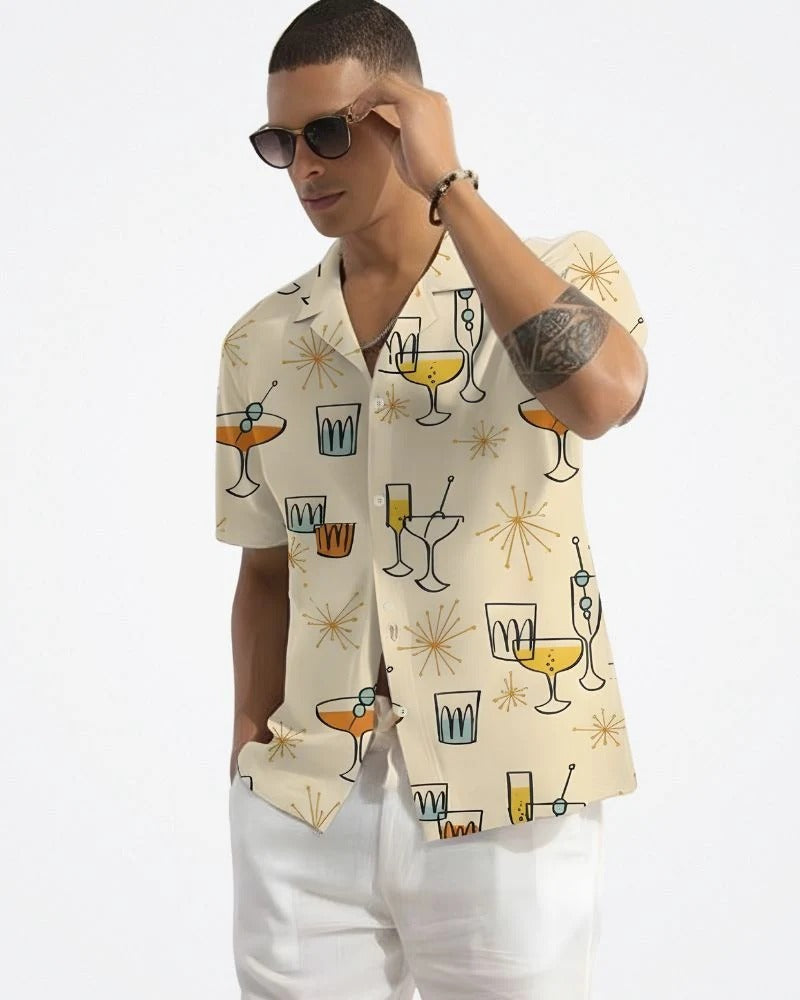 Retro Cocktail Print Cuban Collar Shirt for Men